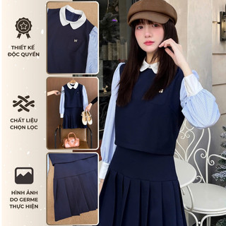  GERME|DESIGN Đầm nữ Monila Dress xếp ly phối tay kẻ giả set Váy nữ kéo khóa lớp lót trong mềm mịn thanh lịch VVND112409 