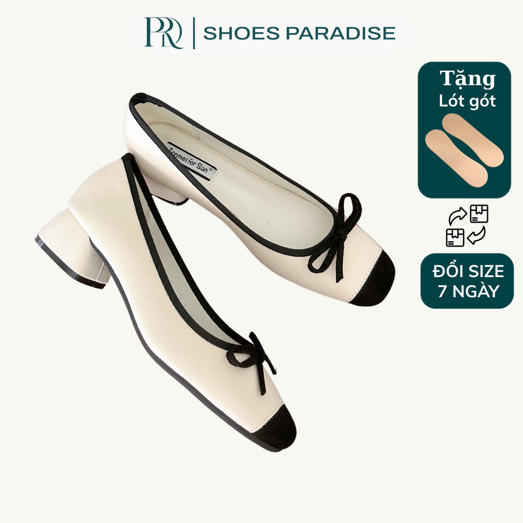 Giày nữ bít mũi cao 3cm phối nơ màu kem Shoes Paradise L127