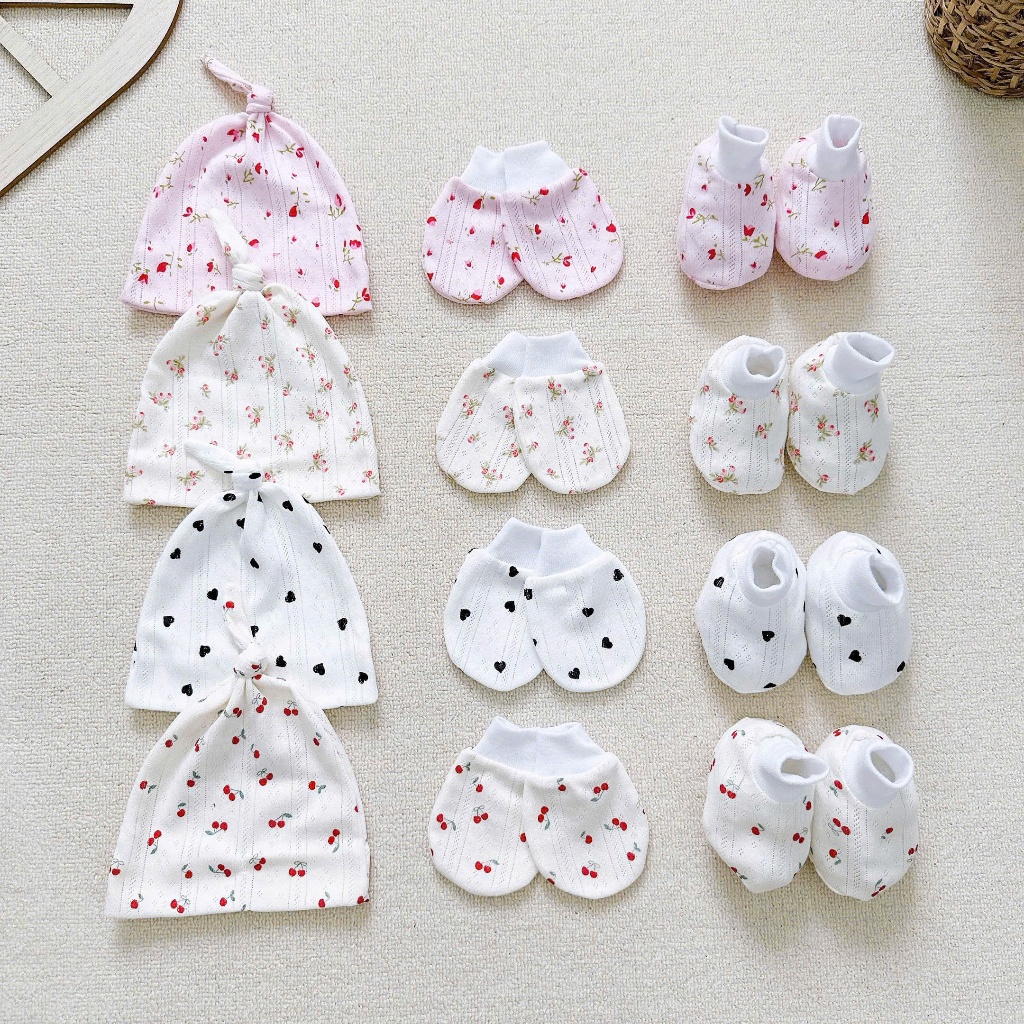 Sét Mũ bao tay bao chân thắt lút chất Muslin cao cấp mềm mịn thoáng khí co dãn bốn chiều