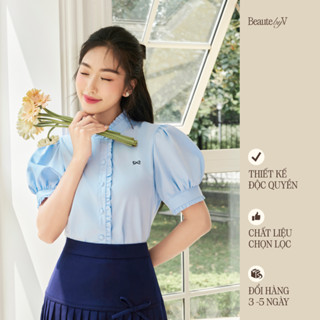 BEAUTEBYV - Áo sơmi nữ thêu nơ bên ngực La Biere viền nhún tay bồng, vải thô hàn, 2 màu trắng xanh