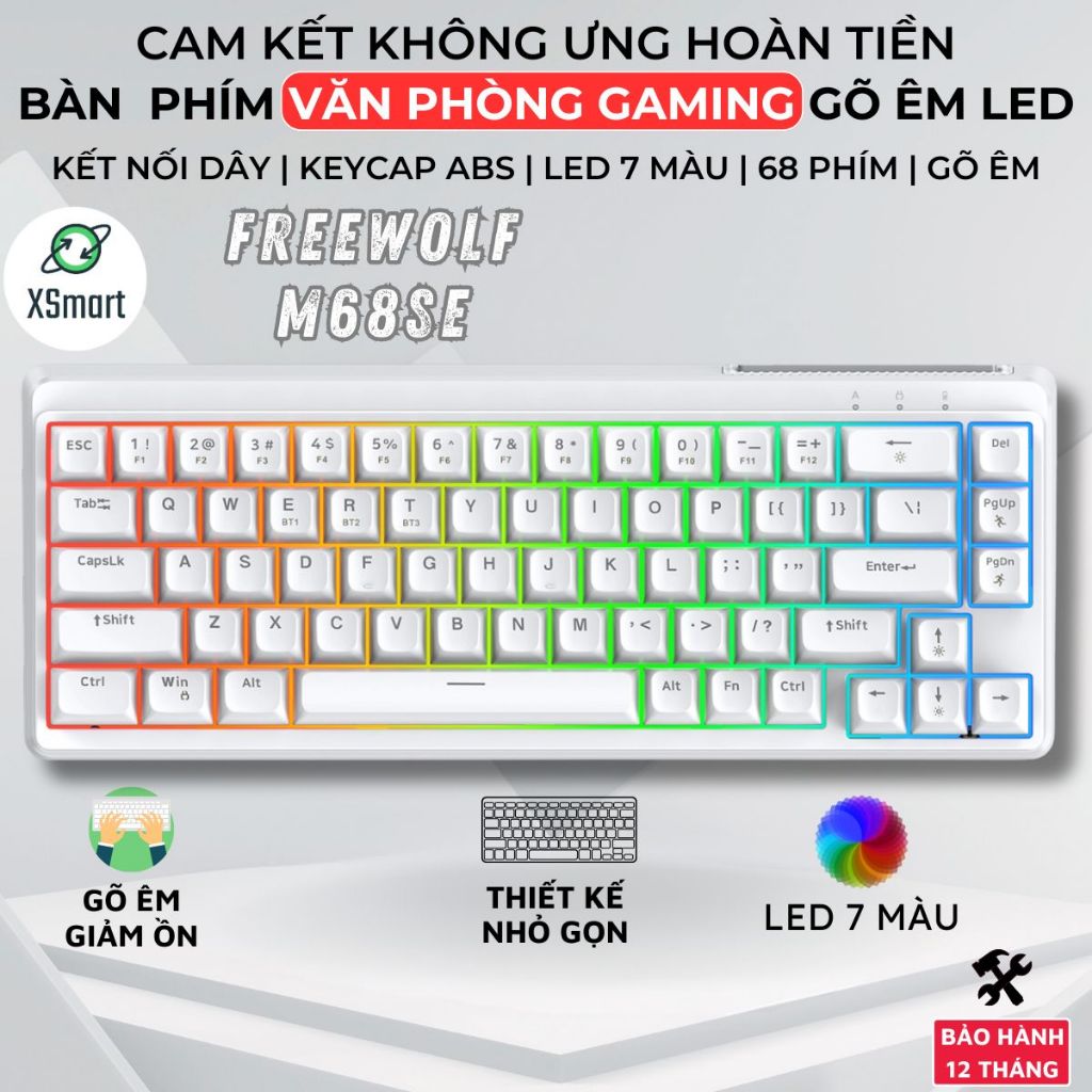 Bàn Phím Văn Phòng Gaming FreeWolf M68SE Led 7 Màu, Layout 68 Phím, Keycap ABS, Gõ Êm Giảm Ồn Cho PC | BigBuy360 - bigbuy360.vn
