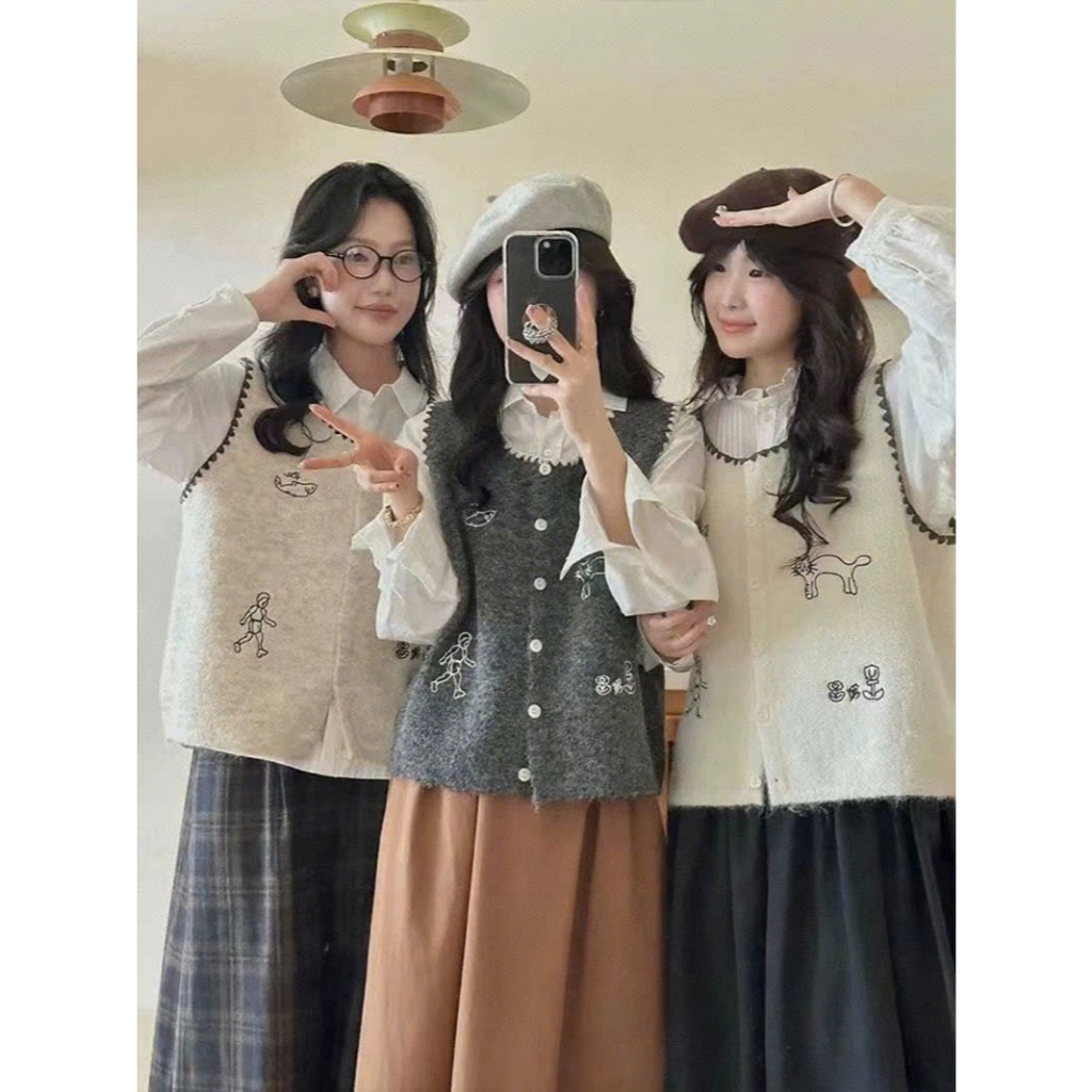 [SẴN] Áo Khoác Gile Len Lông Thỏ Họa Tiết Thêu Đáng Yêu, Áo Len Cổ Tròn Cài Cúc Phong Cách Vintage - 006 | BigBuy360 - bigbuy360.vn