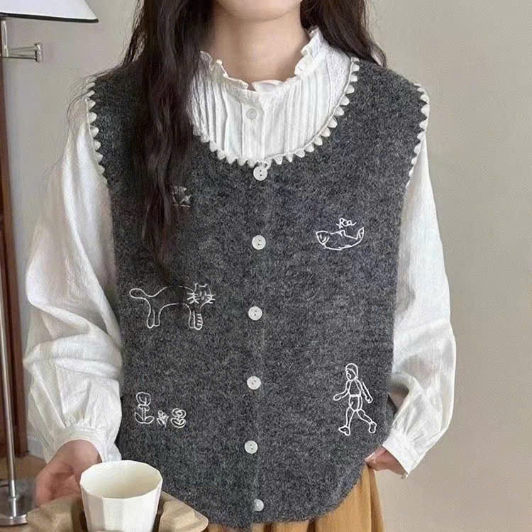 [SẴN] Áo Khoác Gile Len Lông Thỏ Họa Tiết Thêu Đáng Yêu, Áo Len Cổ Tròn Cài Cúc Phong Cách Vintage - 006 | BigBuy360 - bigbuy360.vn