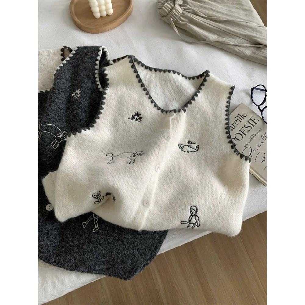 [SẴN] Áo Khoác Gile Len Lông Thỏ Họa Tiết Thêu Đáng Yêu, Áo Len Cổ Tròn Cài Cúc Phong Cách Vintage - 006 | BigBuy360 - bigbuy360.vn