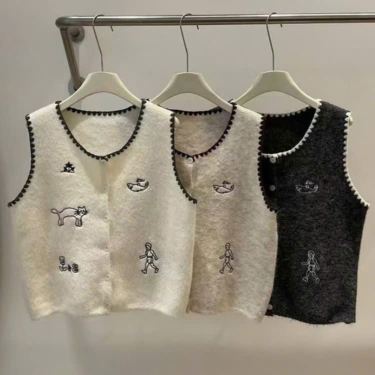 [SẴN] Áo Khoác Gile Len Lông Thỏ Họa Tiết Thêu Đáng Yêu, Áo Len Cổ Tròn Cài Cúc Phong Cách Vintage - 006 | BigBuy360 - bigbuy360.vn