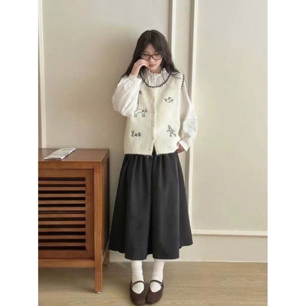 [SẴN] Áo Khoác Gile Len Lông Thỏ Họa Tiết Thêu Đáng Yêu, Áo Len Cổ Tròn Cài Cúc Phong Cách Vintage - 006 | BigBuy360 - bigbuy360.vn