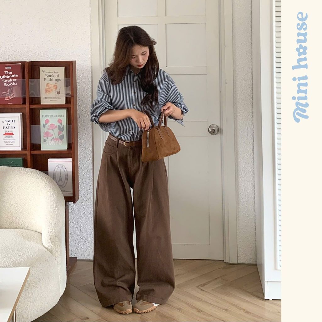 𝐌𝐈𝐍𝐈 𝐇𝐎𝐔𝐒𝐄 - Quần kaki nữ eo nhúm tone MÀU NÂU form ống rộng basic Woman Pants Ong MINI007