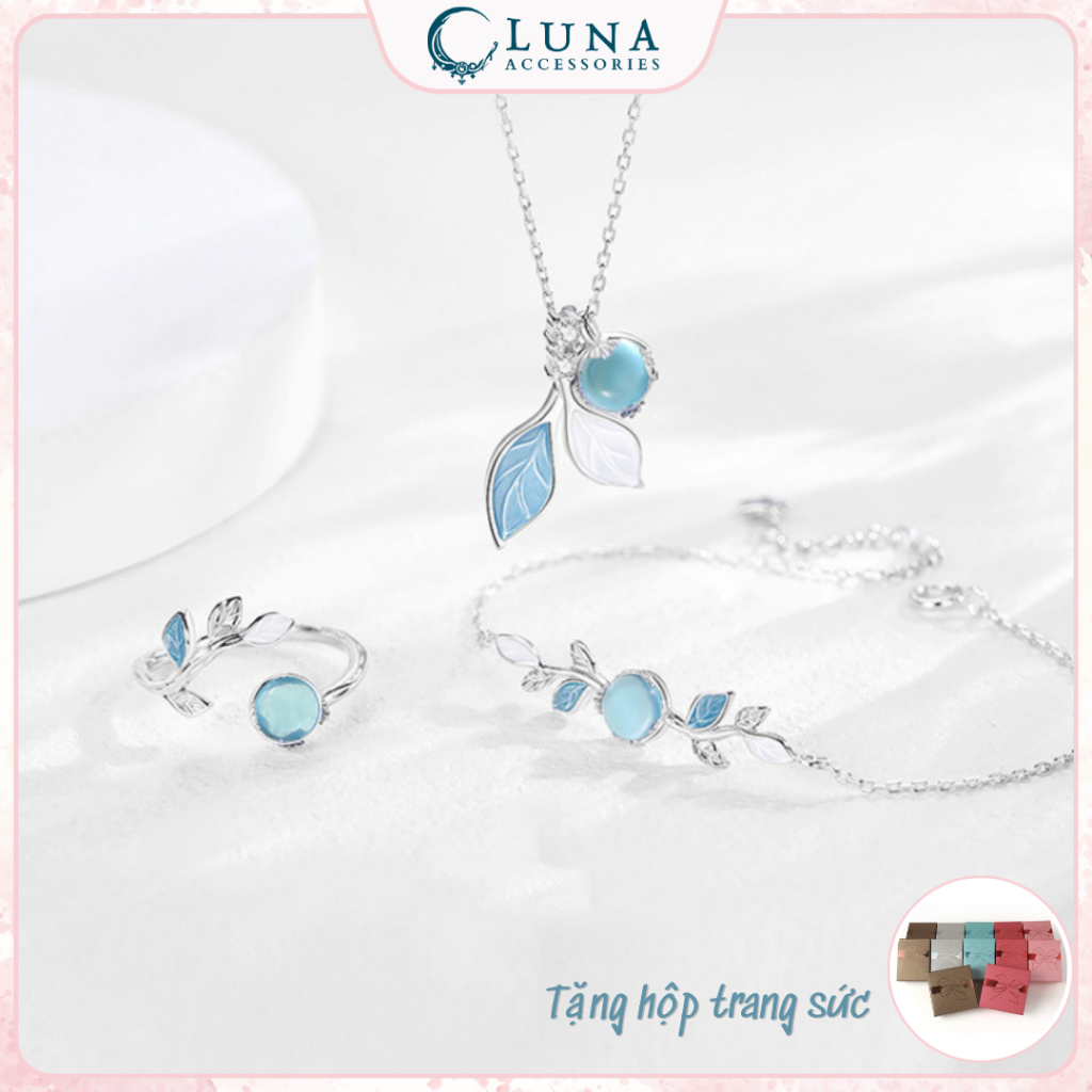 🌊 [Tặng Hộp Trang Sức] Bộ Trang Sức Ngọc Đá Xanh Biển Phối Lá Mùa Hè - Dây Chuyền + Vòng Tay + Nhẫn | Luna Accessories