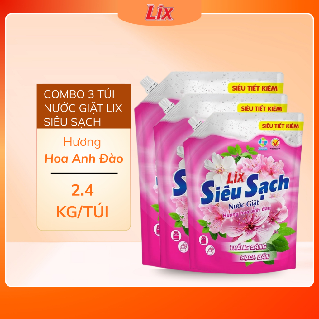 Combo 3 Túi Nước Giặt Lix Hương Hoa Anh Đào 2.4Kg và Hương Hoa, Hương Nước Hoa 3,2Kg - 3C N2503+NGH4