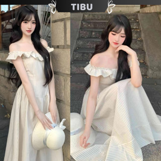  Đầm Maxi Trễ Vai Kẻ Sọc TIBU Đầm Nữ Dáng Dài Sang Chảnh Đi Chơi Dự Tiệc Xinh Xắn D597 