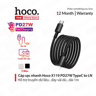 Cáp sạc nhanh PD27W Type-C to IP Hoco X119 dùng cho ip6/7/8/X/11/12/13/14promax,hỗ trợ truyền dữ liệu dài 1M