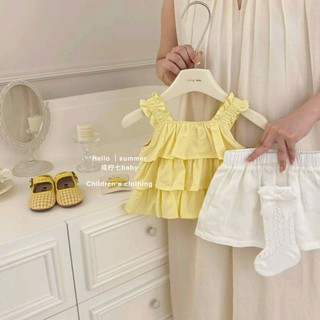   Kho Sỉ Anh Đức x Tặng Buộc Tóc  Set áo tầng vàng kèm và Quần trắng cho bé gái hè xinh đi chơi  đi biển .Set xinh 
