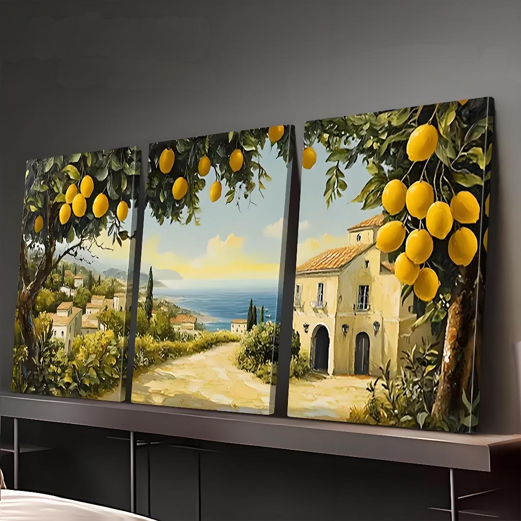 Khung phẳng 2D, 3 bức tranh canvas về vườn cây chanh, phong cảnh Địa Trung Hải sống động và tranh tr