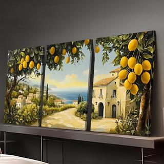 Khung phẳng 2D, 3 bức tranh canvas về vườn cây chanh, phong cảnh Địa Trung Hải sống động và tranh trang trí tường nông