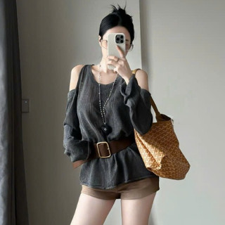 áo kiểu nữ sang chảnh,áo thiết kế nữ,chất len lưới hở vai kèm đai 4 màu hot trend sành điệu UD125