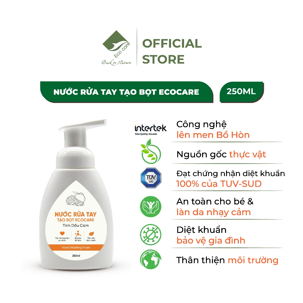 Nước Rửa Tay Tạo Bọt ECOCARE 250ml Tinh Dầu Quế, An Toàn Cho Bé, Dịu Nhẹ Với Da Tay