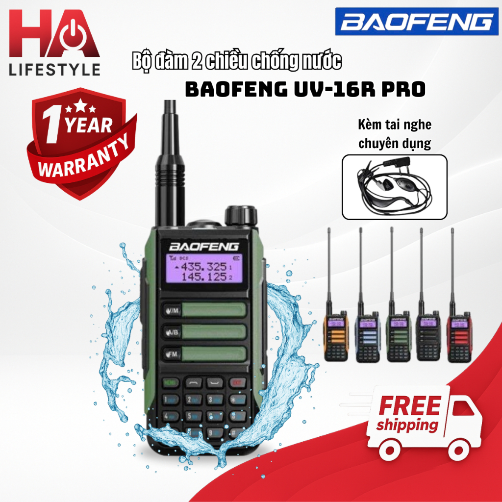 Bộ đàm 2 chiều chống nước Baofeng UV-16R Pro 128 kênh phạm vi 15km sóng mạnh tặng kèm tai nghe