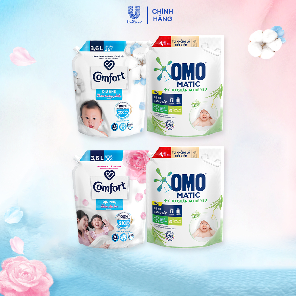 [Live] - Combo Túi Nước Giặt Omo Matic Cho quần áo bé yêu 4,1kg + Nước Xả Vải Comfort Dịu Nhẹ Túi 3,6L