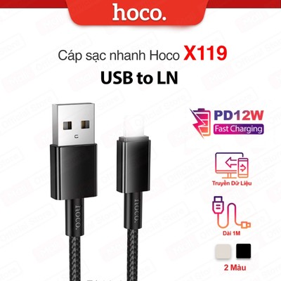 Cáp sạc nhanh PD12W HOCO X119 USB to IP dùng cho ip7/8/X/11/12/13/14 dài 1M dây bọc dù chống rối sạc nhanh