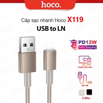 Cáp sạc nhanh Hoco X119 PD12W USB to IP dùng cho ip7/8/X/11/12/13/14 hỗ trợ truyền dữ liệu dài 1M