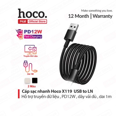 Cáp sạc nhanh Hoco X119 PD12W USB to IP hỗ trợ truyền dữ liệu dùng cho ip7/8/X/11/12/13/14 dài 1M