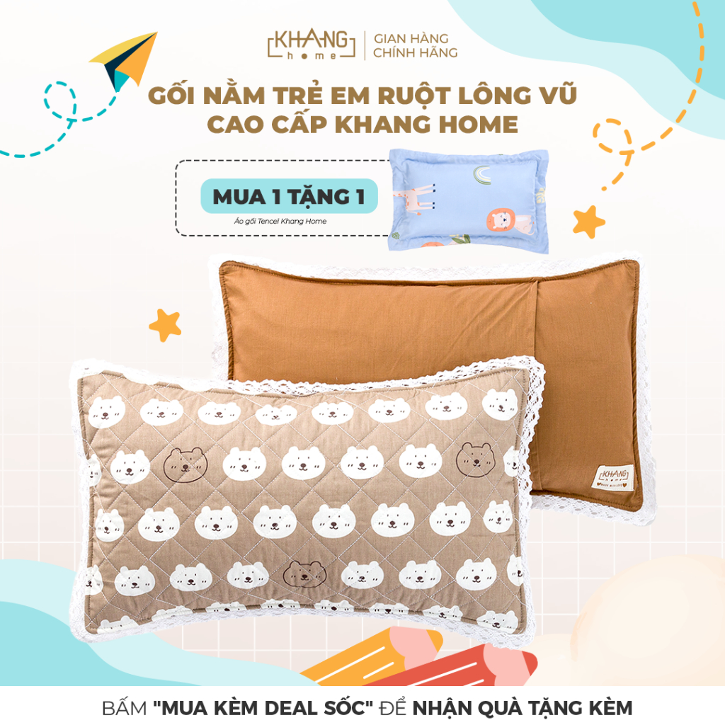 Gối Nằm Trẻ Em Chần Bông, Vải Cotton Thoáng Mát, Ruột Lông Vũ ( Microfiber) Khang Home