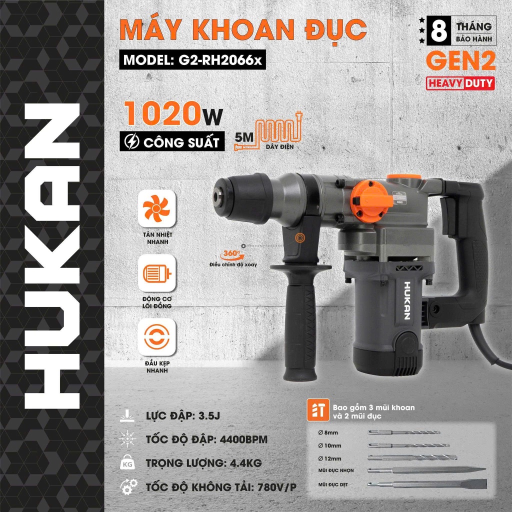 Máy khoan đục bê tông HUKAN R2077HD Và RH2066x, Công suất 1020w, Mtor dây đồng 100% - Tặng 5 Mũi