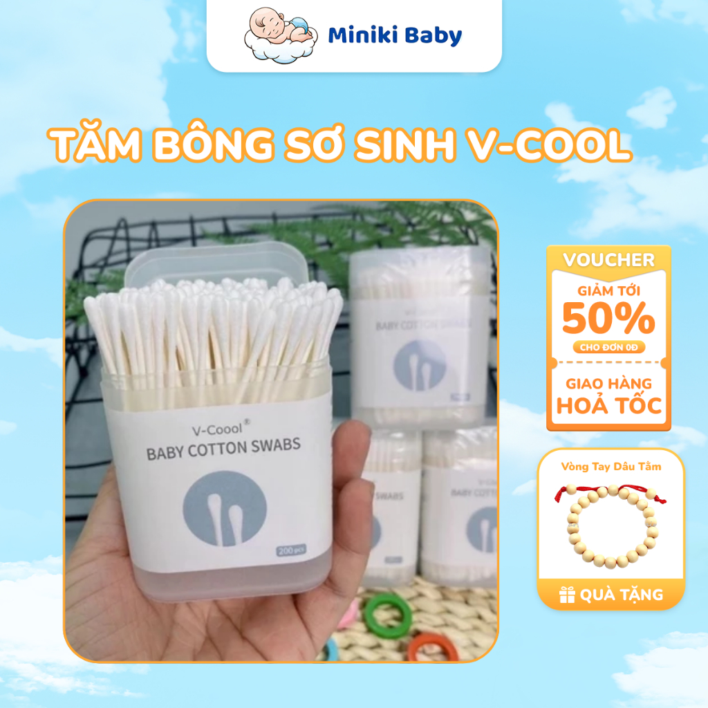 [HỘP 200] Tăm Bông Vcool cho bé sơ sinh và trẻ em - Thiết kế 2 đầu dẹt tròn, mềm mại - Miniki Baby