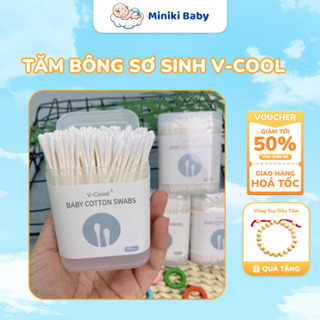 [HỘP 200] Tăm Bông Vcool cho bé sơ sinh và trẻ em - Thiết kế 2 đầu dẹt tròn, mềm mại - Miniki Baby