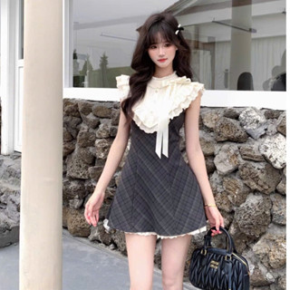 Đầm Caro Xám Cổ Bèo Nơ Kem Tiểu Thư Ngọt Ngào – NEO Dress