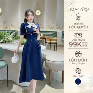 Đầm Váy Thiết Kế Dáng Xoè Cổ Sơ Mi Phối Nơ Đính Cúc Thanh Lịch – Trẻ Trung Phù Hợp Mặc Đi Làm Đi Dự Tiệc