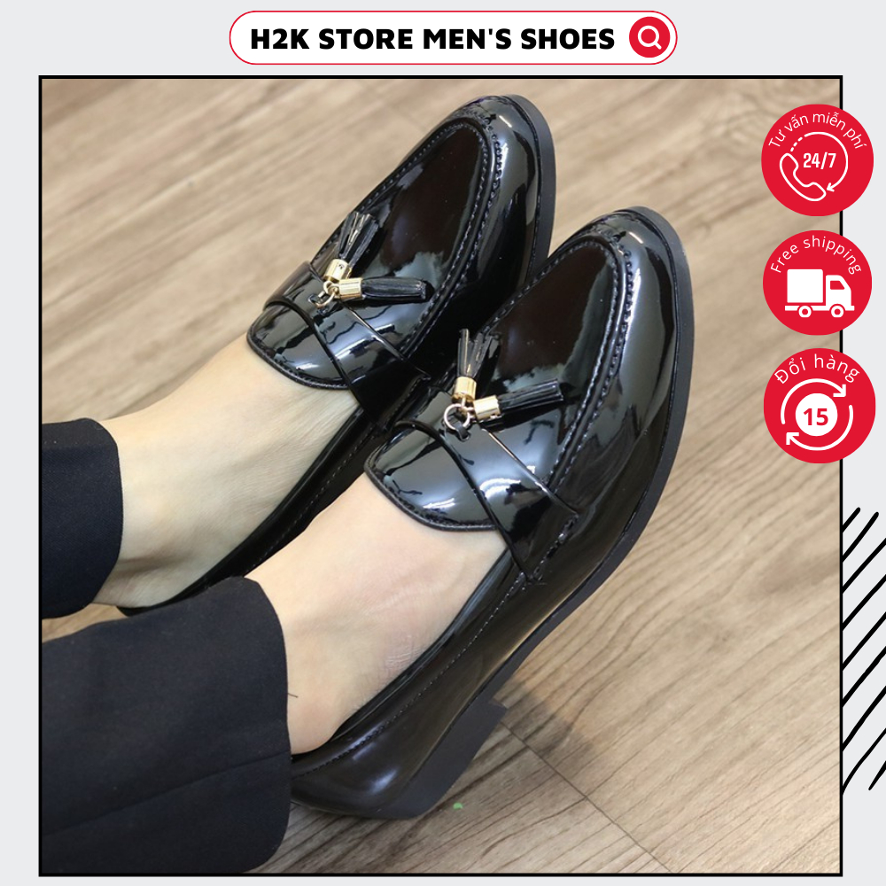  Giày Tây Lười Nam Da Bóng Đen Đế Cao 3cm Loafer Trang Trí Chuông Phối Quần Âu Công Sở Trẻ Trung 