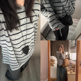   ẢNH THẬT  SẴN Áo thun chất lông ấm mùa thu đông sọc ngang đen phối xám dài tay oversize hàn quốc nữ sinh basic thu đông 