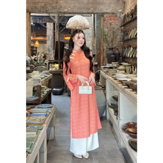 Áo dài cách tân dáng suông Giian thiết kế cổ trụ khoét vai đính nơ cách điệu họa tiết nổi in 3D - AD0008