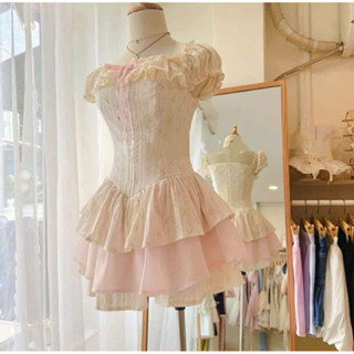  Đầm kiểu trễ vai hoa nhí phối hồng có Lót quần bảo hộ xinh xắn dễ thương dành cho nữ 