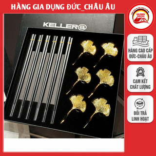 Set 6 đôi đũa sợi thủy tinh + 6 gác đũa lá ngân hạnh vàng KELLER , chứng nhận LFGB an toàn