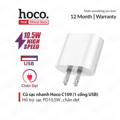Củ sạc Hoco C109 /C109A PD10.5W 1 cổng USB chân cắm tiêu chuẩn ,chất liệu PC cao cấp,thích hợp nhiều dòng điện thoại