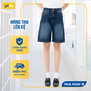   Quần short jean nữ YODY ống rộng, cạp cao phối chun lưng, quần ngố cơ bản SJN3052