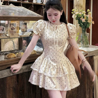  Đầm váy nữ thiết kế chất lụa đáng iu đầm cổ tròn tay bồng cột nơ dáng xòe tầng họa tiết chấm bi kèm quần xinh - SHOPNGÔ 