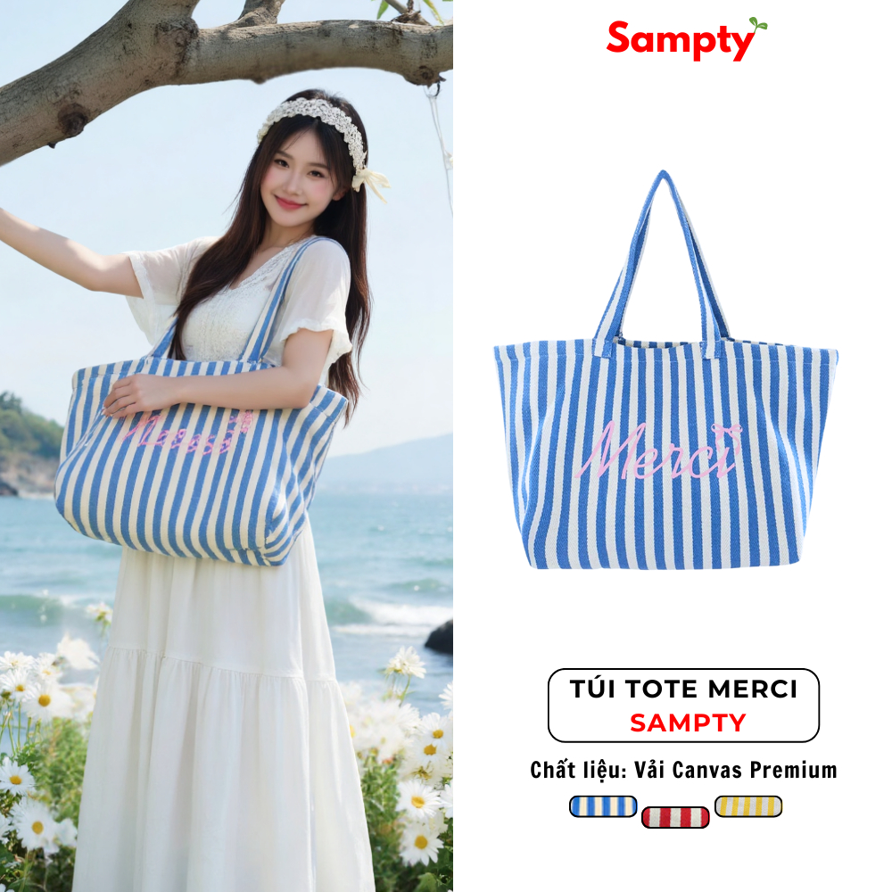 Túi Tote Canvas Merci 𝐒𝐚𝐦𝐩𝐭𝐲 Kẻ Sọc Vải Xương Cá Premium Thời Trang Y2K Go To Beach 2025
