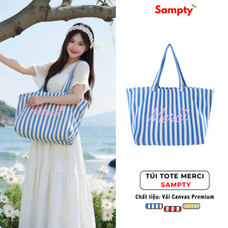 Túi Tote Canvas Merci 𝐒𝐚𝐦𝐩𝐭𝐲 Kẻ Sọc Vải Xương Cá Premium Thời Trang Y2K Go To Beach 2025