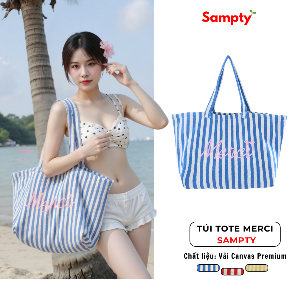 Túi Tote Canvas Premium 𝐒𝐚𝐦𝐩𝐭𝐲 Merci Kẻ Sọc Thời Trang Y2K Sức Chứa Lớn Trend