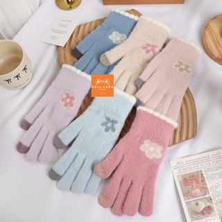 GT50 Găng tay len nữ lông cừu mềm mại dày ấm họa tiết in Hoa găng tay mùa đông BULL.SHOP