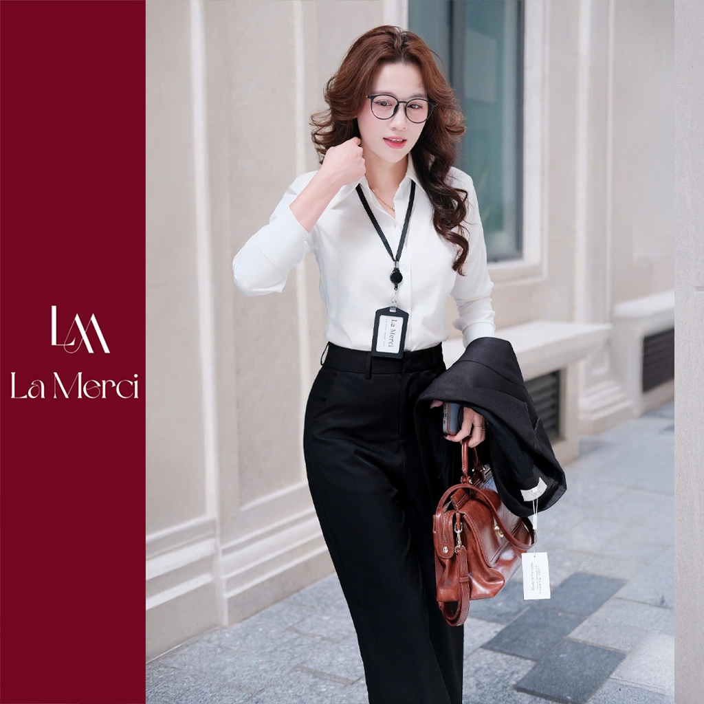 La Merci - Áo Sơ Mi Nữ Chất Vải Cotton Xước Thái Phong Cách Công Sở Cá Tính, Size SM SA09S