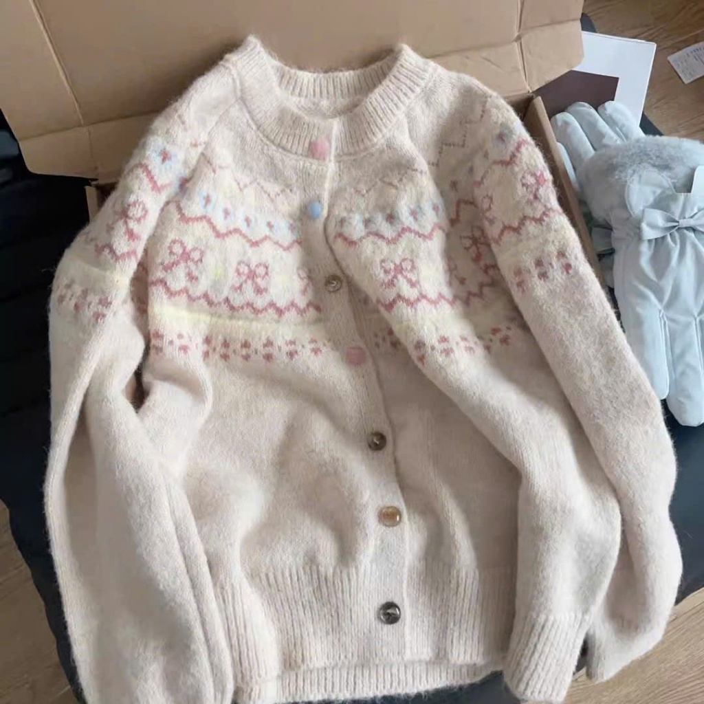 [SẴN] Áo khoác len kiểu xinh xắn cổ tròn cho nữ, áo cardigan len oversize họa tiết dễ thương form rộng - 196 | BigBuy360 - bigbuy360.vn