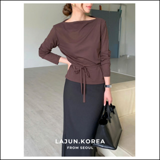   LAJUN KOREA  Áo Blouse Leaf Tay Dài Cổ Thuyền Đổ Kèm Đai Cột Eo Chất Cát Mỏng Co Giãn Thanh Lịch Hàn Quốc 