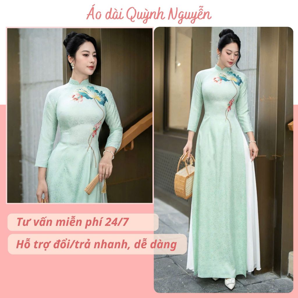  Áo dài truyền thống áo dài thiết kế gấm xanh ngọc thêu thu công Áo dài Quỳnh Nguyễn MÃ TK195 