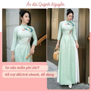 [QUÀ TẶNG ĐI KÈM] Áo dài truyền thống, áo dài thiết kế gấm xanh ngọc thêu thu công Áo dài Quỳnh Nguyễn MÃ TK195