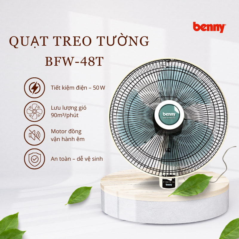 Quạt Treo Tường Benny BFW-48T, Quạt điện Thái Lan, có điều khiển, gió mạnh, tiết kiệm điện