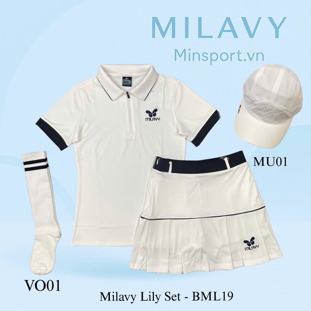 Bộ Váy Thể Thao Nữ MILAVY Lily Set 2 Lớp Mix Áo Cổ Trụ Kéo Kèm Tất Vớ Cổ Cao Sọc Ngang Kiểu Dáng Hàn Quốc Kèm Mũ Nón Vải Dù Siêu Nhẹ Chống Nắng